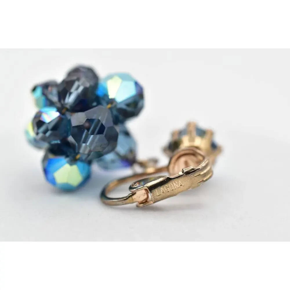 Laguna Vintage Clip On Crystal Earrings Dangle Navy Blue Drop Signed 1950s A24